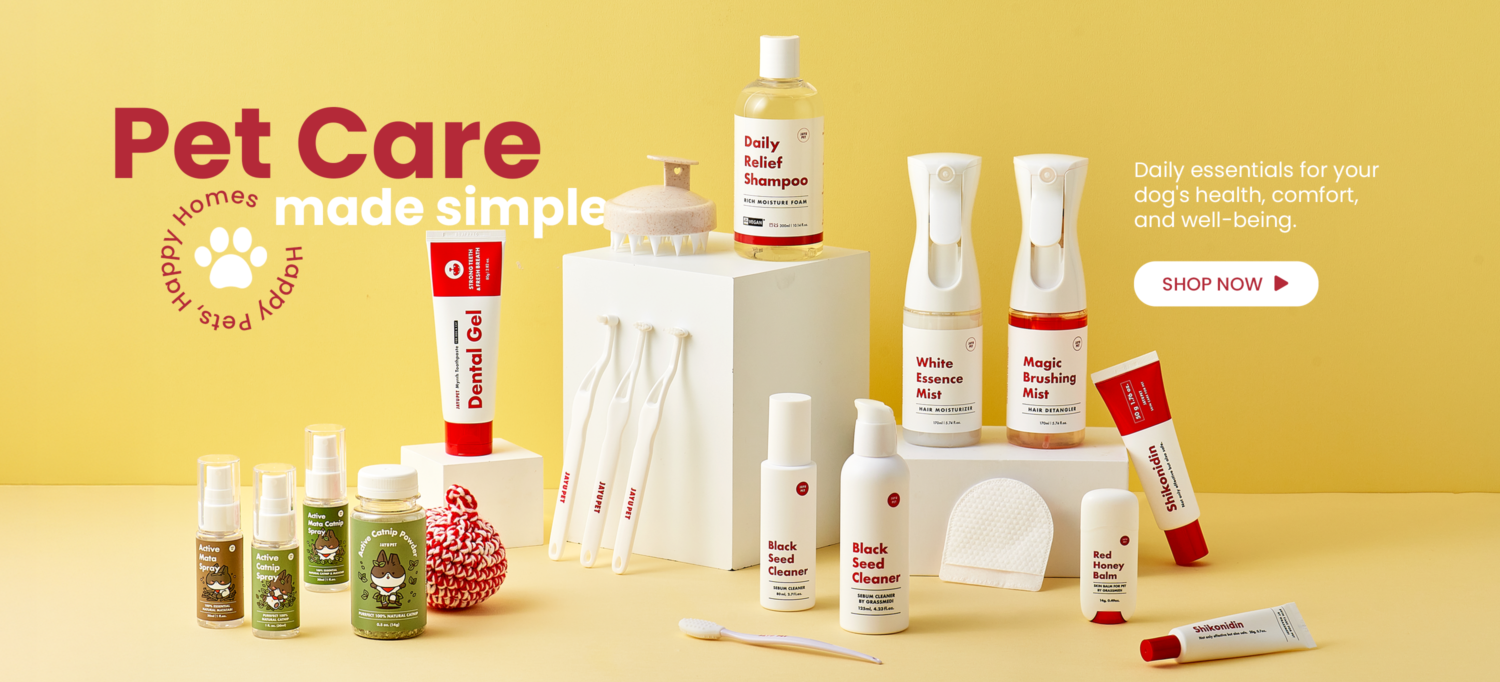 A collection of pet care products from Happy Pets arranged on a yellow background, including bottles, sprays, tubes, and a small bowl with a brush. The text 'Pet Care made simple' and 'Happy Pets' are visible on the left.